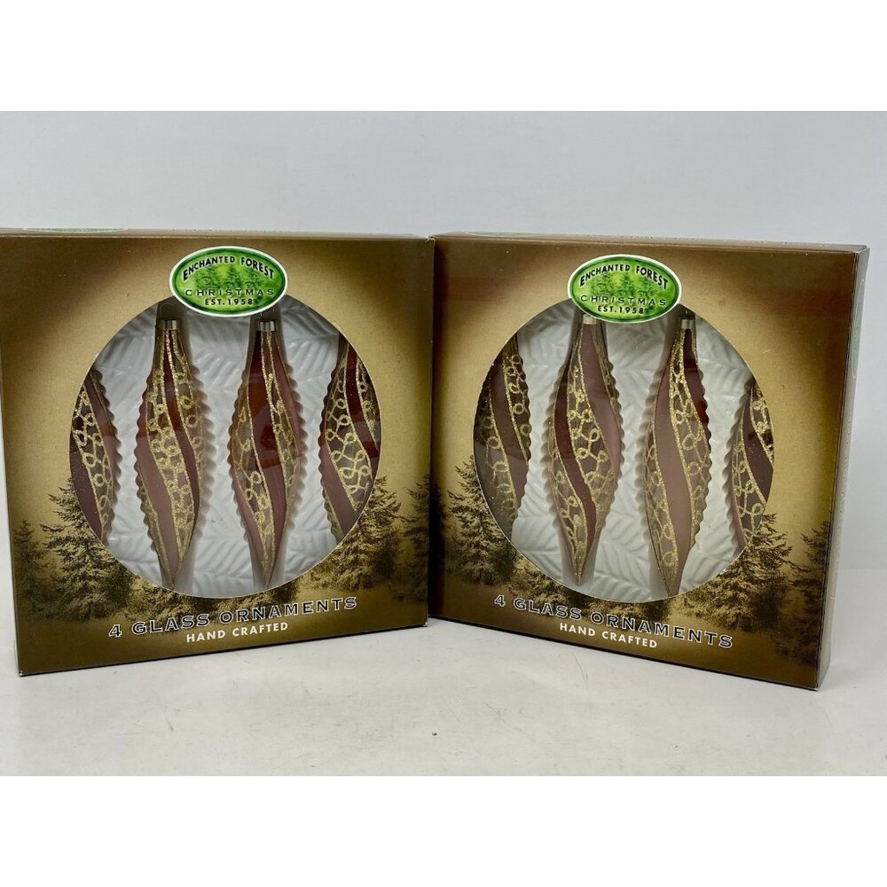 Set 8 Vintage Enchanted Forest Pink Gold Mauve Glass Teardrop Ornaments 5” W Box